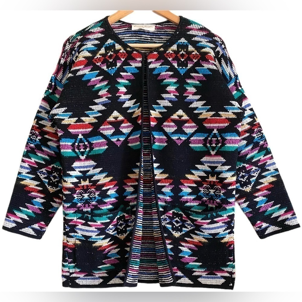 FRENCH RAGA Hand Loomed Multicolored Boho Southwestern Aztec Knit Cardigan 2 M/L